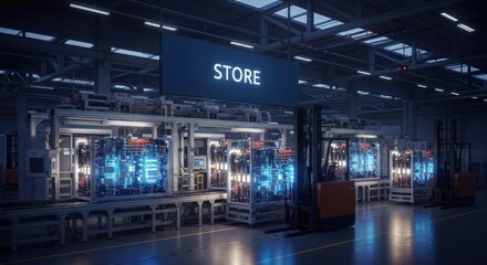 Modern factory interior with automated robotic assembly lines forklifts, with digital data streams word "store" on large overhead screen, for advanced manufacturing, logistics, e-commerce