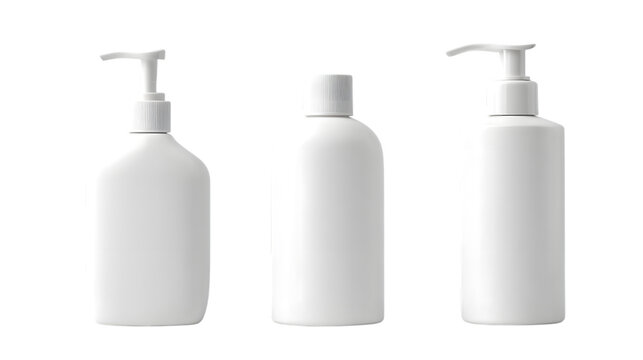 Three white plastic bottles for cosmetic products mockup