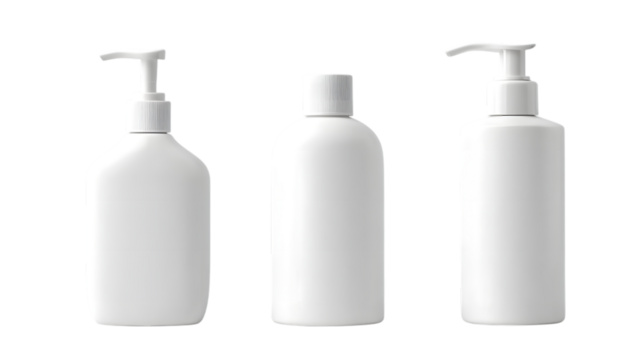 Three white plastic bottles for cosmetic products mockup