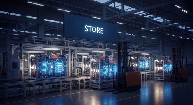 Modern factory interior with automated robotic assembly lines forklifts, with digital data streams word "store" on large overhead screen, for advanced manufacturing, logistics, e-commerce