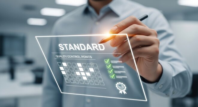 Person interacting with digital interface with checklist for standard quality control points with green ticks seal approval, for compliance, accuracy, successful product verification in - Powered by Adobe
