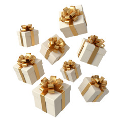 Elegantly arranged pristine gifts with golden ribbons floating in celebratory space