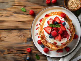 Delicious stack of pancakes topped with fresh berries and cream