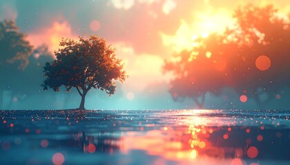Dreamy landscape with a lone tree under a sunset sky, reflected in water with bokeh effects
