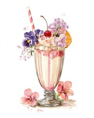 Summertime Sip: A delightful, artistic rendering of an ornate milkshake glass, brimming with a creamy, pastel-hued beverage, adorned with a cherry, flowers, and a charming straw.