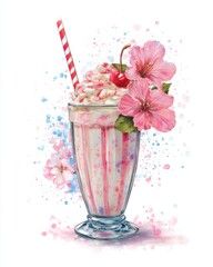 Sweet Blossom Delight: A whimsical illustration of a delightful milkshake adorned with a cherry, blossoms, and a striped straw, celebrating a sense of joy and sweetness.