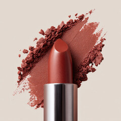 Brown matte lipstick with crushed powder on beige background