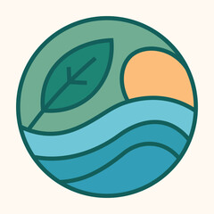 Circular Eco Planet Design with Leaf and Sunset Vector