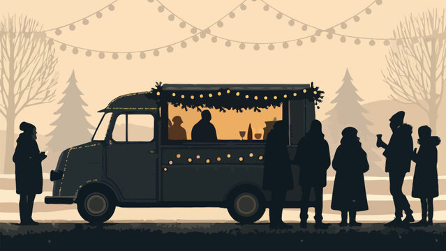 People gather around a food truck decorated with lights in a winter scene with trees and snow ambience