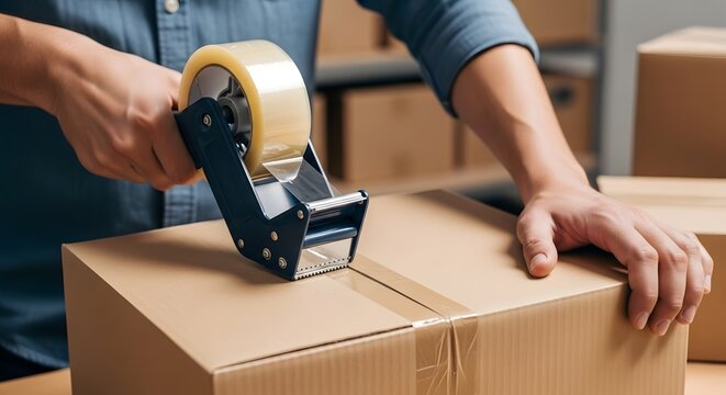 Efficient packing process with tape dispenser in warehouse setting for shipping and logistics - Powered by Adobe