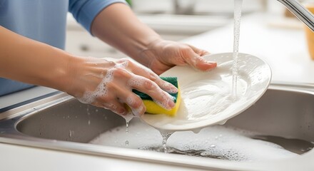 Hands washing dishes in kitchen sink with soapy water and sponge for cleanliness and hygiene