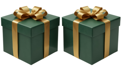 Twin elegant gifts with lush green boxes adorned by sparkling golden ribbons and bows