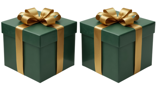 Twin elegant gifts with lush green boxes adorned by sparkling golden ribbons and bows