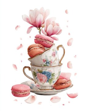 Tea Cup Delight: A whimsical stack of vintage teacups adorned with colorful macarons and delicate pink blossoms, creating a charming scene of sweetness and elegance.
