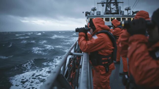 Coast guard vessel at sea during search operation, crew members scanning horizon with binoculars, rough ocean conditions, overcast sky, sense of urgency and determination,
