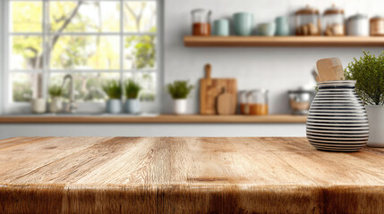 Empty wooden table top with smooth surface and natural texture on blurred modern kitchen background for product display design
