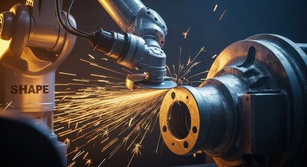 Robotic arm precisely grinding metal component with shower sparks, for industrial manufacturing, precision engineering, automation, advanced production processes in modern factory setting