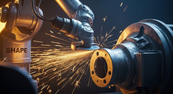 Robotic arm precisely grinding metal component with shower sparks, for industrial manufacturing, precision engineering, automation, advanced production processes in modern factory setting - Powered by Adobe