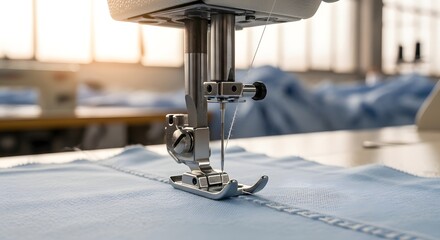 Tailoring and sewing machine close-up in sunlit workshop for craft and design