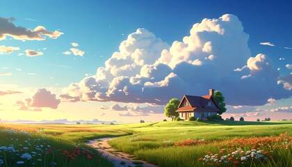 Dreamy landscape with quaint house nestled amid a lush field, under a vast, fluffy cloudscape at sunset