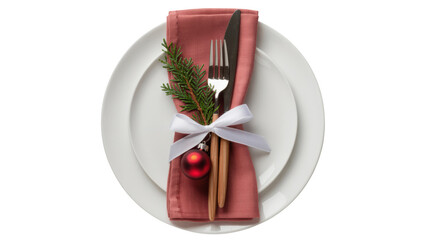 Elegant christmas table setting with a white oval plate and rose napkin tied with ribbon and festive greenery isolated on transparent background
