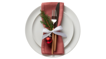 Elegant christmas table setting with a white oval plate and rose napkin tied with ribbon and festive greenery isolated on transparent background