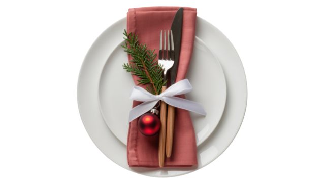 Elegant christmas table setting with a white oval plate and rose napkin tied with ribbon and festive greenery isolated on transparent background