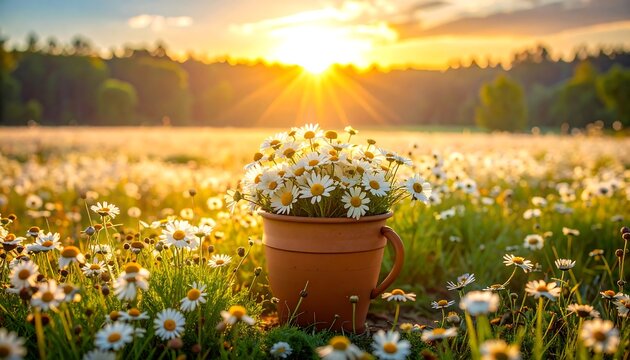 Daisies in pot amidst a field of daisies bathed in golden sunset light, with distant trees adding depth