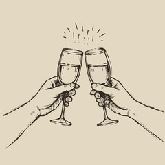 Sketch of two hands clinking champagne glasses in a festive celebration