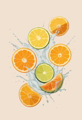 illustration of citrus fruits splashing in water with dynamic motion