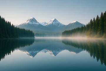 A serene and picturesque view of a mountain lake surrounded by misty forests and distant peaks. The calm water reflects the natural beauty of the landscape, evoking feelings of tranquility.