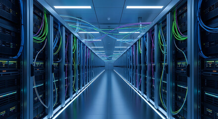 Data center server room with colorful network cables storage information cloud computing infrastructure technology and digital networking hardware equipment connection