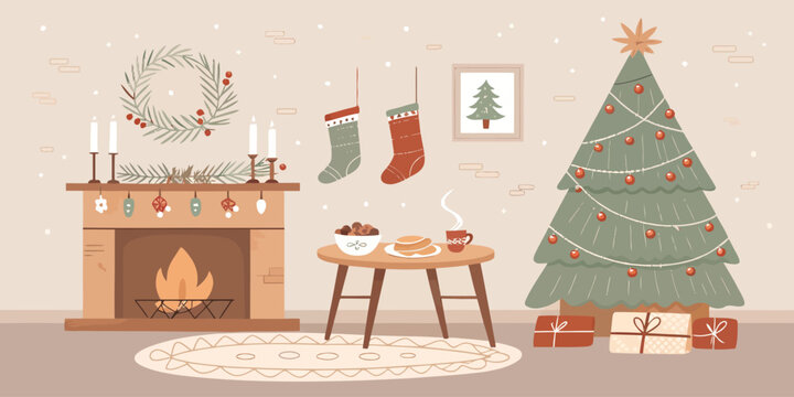 Vector illustration of christmas  illustration of a cozy christmas living room with tree and fireplace