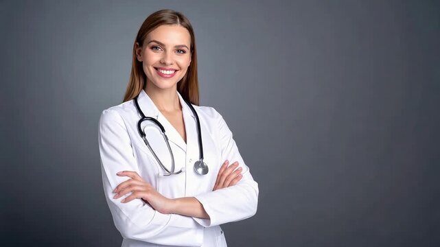 笑顔が印象的な女性医者が腕を組み患者に寄り添う誠実な医療の姿を表現