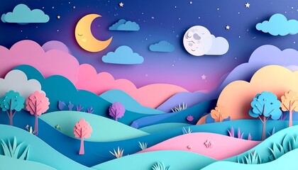 Dreamy paper art landscape with moon, clouds, stars, & whimsical trees on rolling hills in pastel blues, pinks, and teal