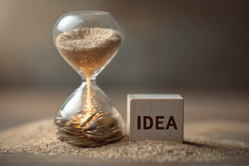 An hourglass filled with sand and coins represents the passage of time and the significance of creativity in achieving financial growth and success