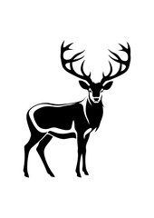 Obraz premium Black silhouette of a deer standing with antlers on white background 