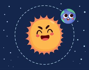 Cartoon vector illustration of a smiling Sun character with the Earth planet orbiting it on a space background. Drawing for science education, astronomy concepts, children’s books and creative design 