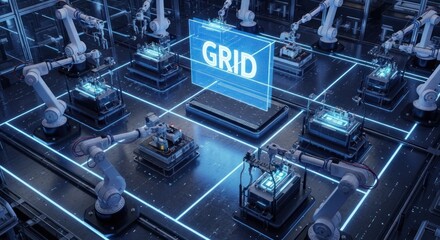 Robotic arms in futuristic factory assembly line with holographic 'grid' display, for advanced manufacturing, automated production, industrial technology, interconnected systems in smart