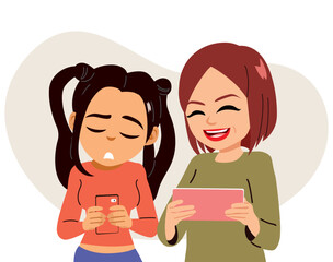 Cartoon vector illustration showing a sad teenager girl and her mother talking about social media and smartphone addiction. Drawing for psychology and parenting education