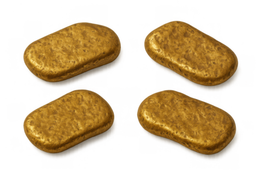 Gold bars appearing as raw nuggets, representing wealth, investment, finance, treasure, and prosperity on transparent background