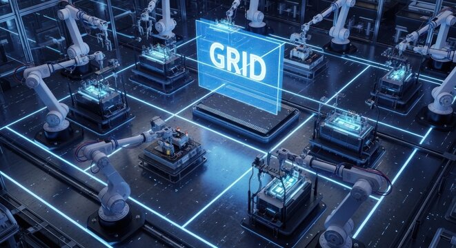 Robotic arms in futuristic factory assembly line with holographic 'grid' display, for advanced manufacturing, automated production, industrial technology, interconnected systems in smart