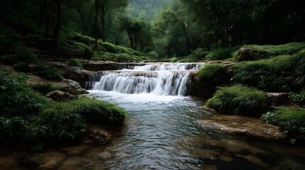 A serene multi tiered waterfall cascades through a lush green forest with flowing water over rocks
