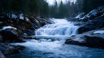 Fototapeta premium Cascading waterfall in a serene winter forest with snow dusted rocks and flowing white water