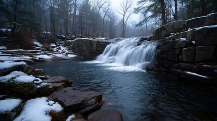 Fototapeta premium Cascading winter waterfall flows over rugged rocks in a snow dusted forest creating a serene and misty natural landscape