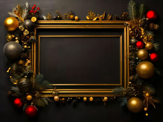 Golden frame, adorned with festive Christmas decorations sparkling red and gold baubles, evergreen branches, and pinecones, on a dark background for elegant holiday messages
