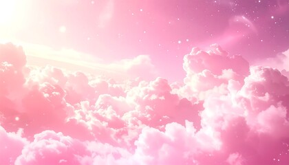 Dreamy, pink clouds fill the sky with a soft, warm glow. Stars twinkle faintly in the upper corner