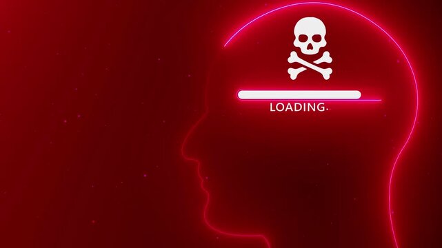 Neon outline of a human head profile with a loading bar and skull and crossbones icon inside against a dark red background with particles