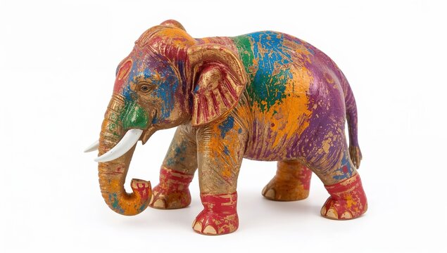 Colorful elephant decorated for festival of colors holi celebration isolated on white, splashed with vibrant holi powder paints