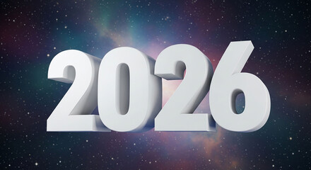 The year 2026 in bold white 3d numerals against a vibrant cosmic nebula background